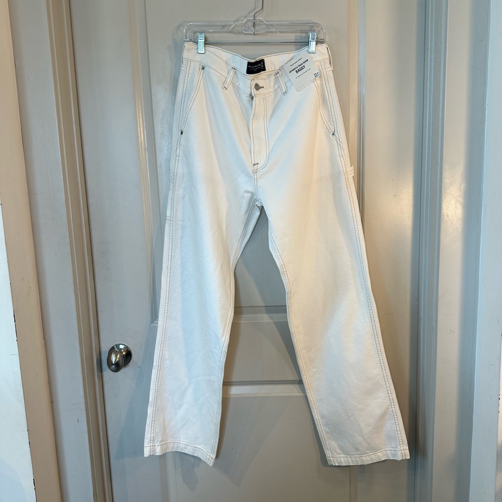 NEW Abercrombie & Fitch Authentic Rigid Baggy Ivory Carpenter Jeans,  33W/32L